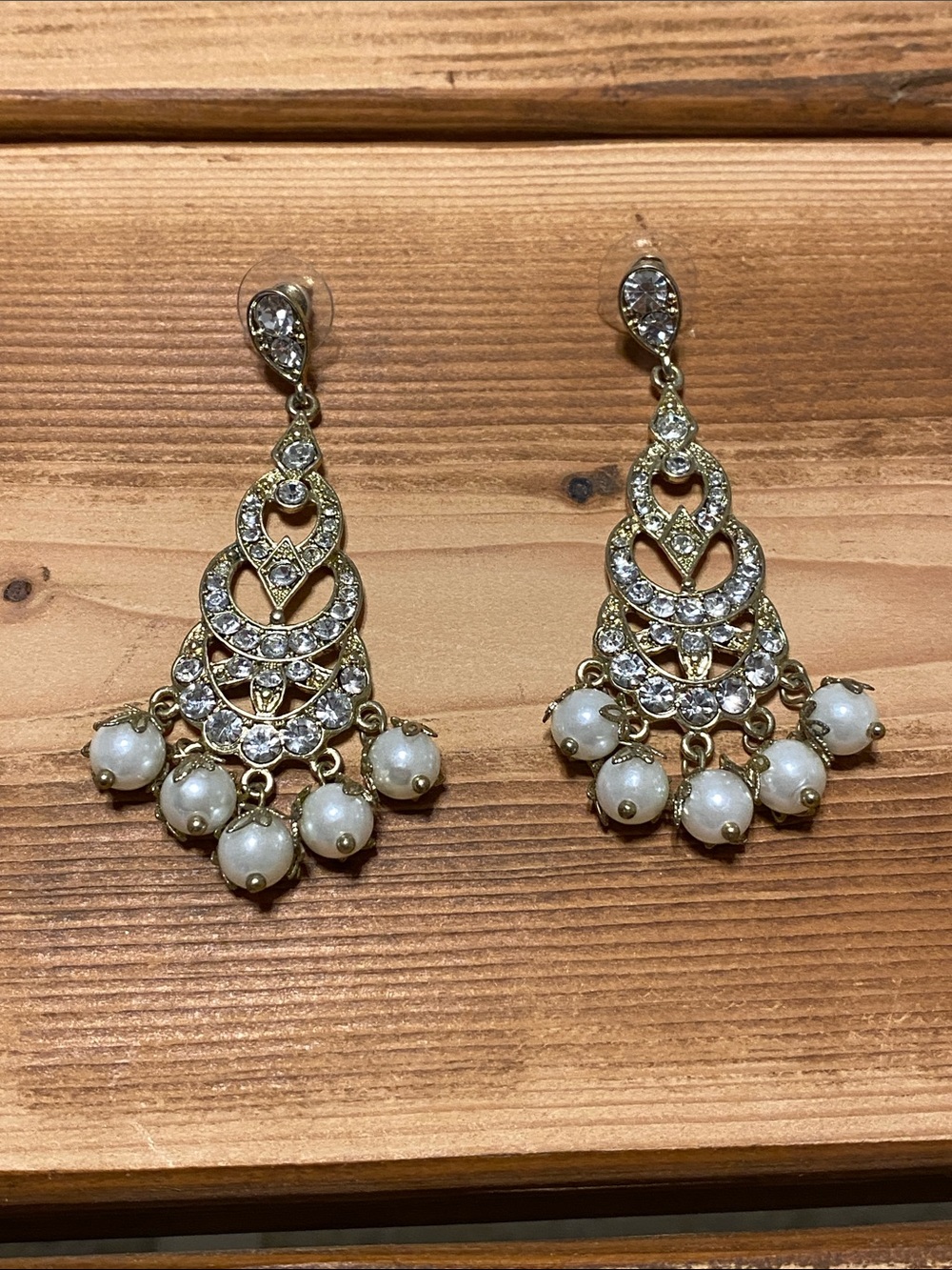 Gold-Tone Pearl Drop Chandelier Earrings with Clear Crystals, Costume Jewelry
